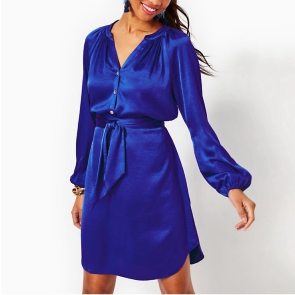 Lilly Pulitzer Saige Long Sleeve Belted Dress In Alba Blue Size Medium